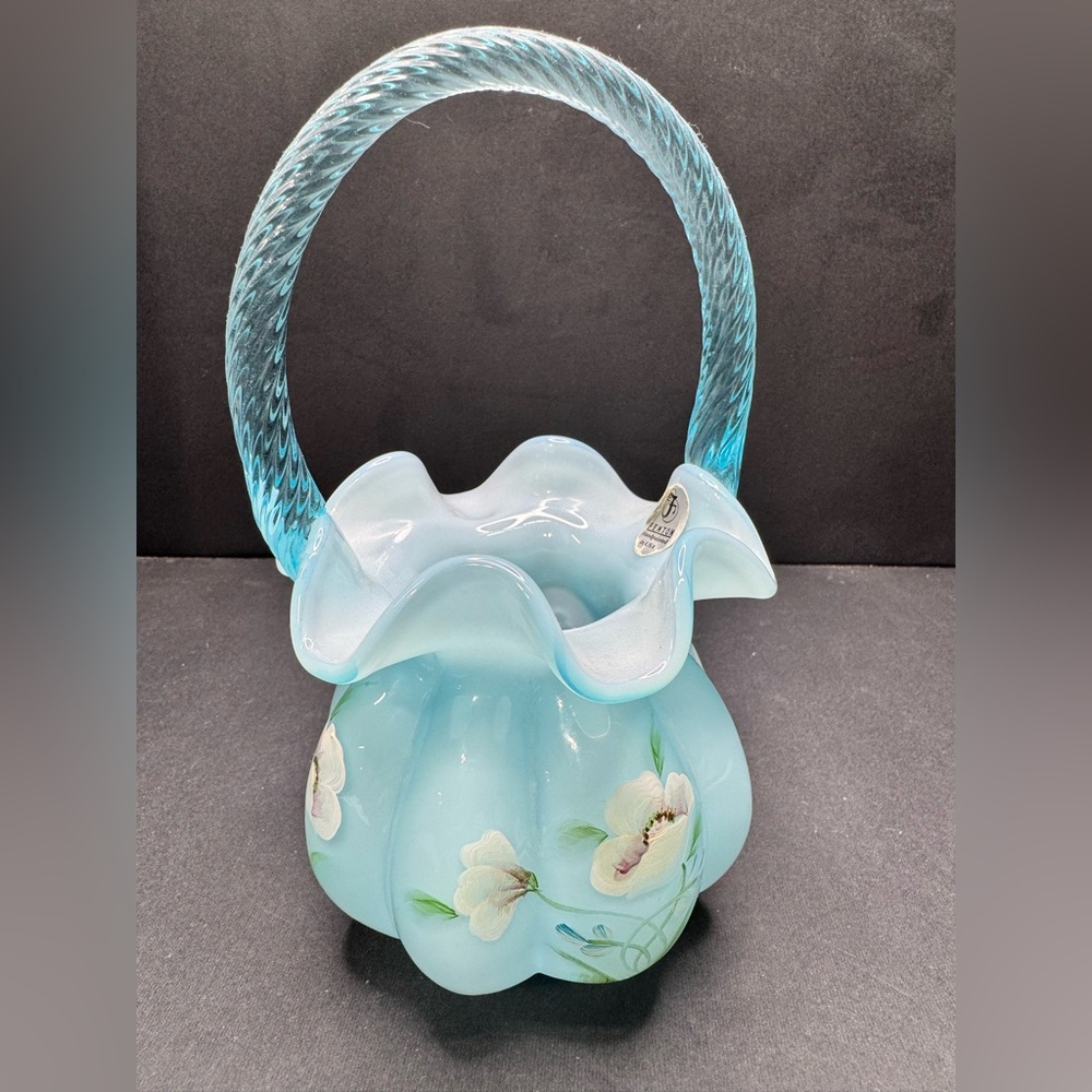 Fenton blue overlay hand painted melon basket